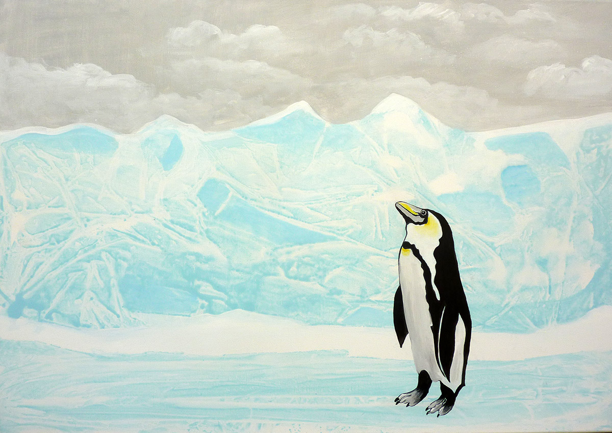 Eiszeit mit Pinguin, Acryl auf Leinwand von Ariane Zuber, 70x100 cm